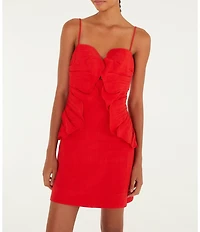 Farm Rio Red Sweetheart Neckline Sleeveless 3D Flower Mini Linen Dress