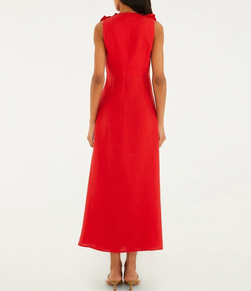 Farm Rio Red V-Neck Sleeveless 3D Flower Linen Midi Dress