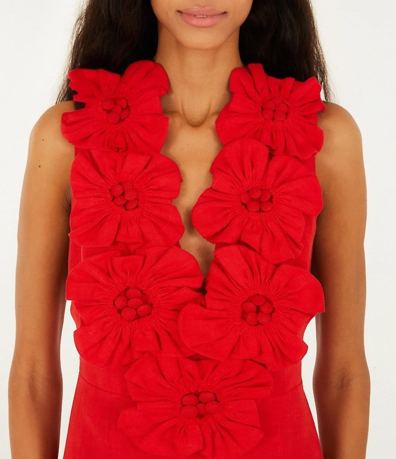 Farm Rio Red V-Neck Sleeveless 3D Flower Linen Midi Dress