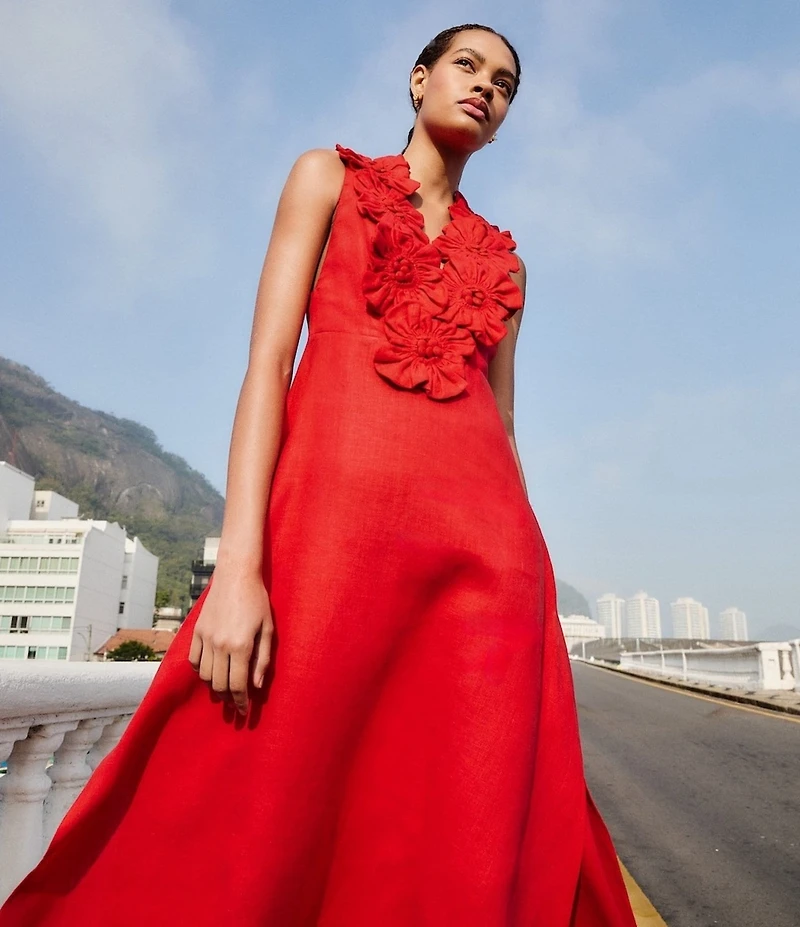 Farm Rio Red V-Neck Sleeveless 3D Flower Linen Midi Dress