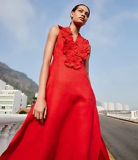 Farm Rio Red V-Neck Sleeveless 3D Flower Linen Midi Dress