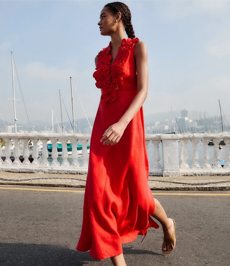 Farm Rio Red V-Neck Sleeveless 3D Flower Linen Midi Dress