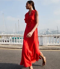 Farm Rio Red V-Neck Sleeveless 3D Flower Linen Midi Dress