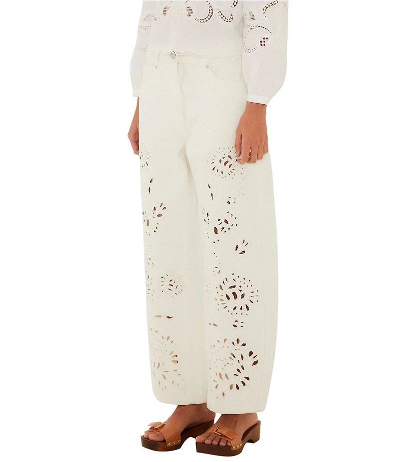 Farm Rio Richelieu White Floral Cutwork Wide Leg Twill Pants