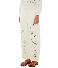 Farm Rio Richelieu White Floral Cutwork Wide Leg Twill Pants