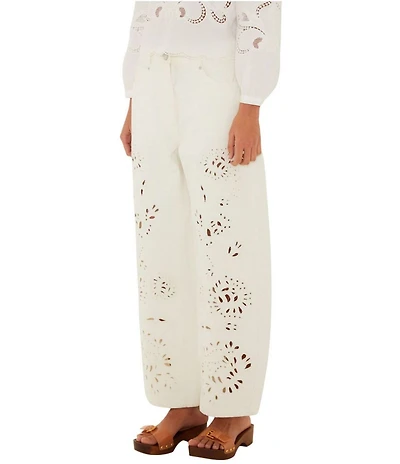 Farm Rio Richelieu White Floral Cutwork Wide Leg Twill Pants