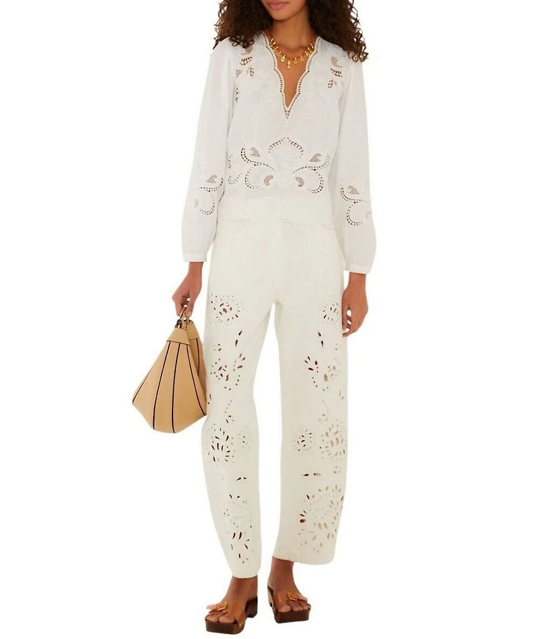 Farm Rio Richelieu White Floral Cutwork Wide Leg Twill Pants