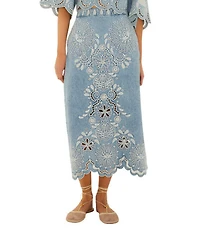 Farm Rio Richelieux Embroidered Scallop Hem Coordinating Denim Midi Skirt