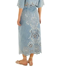 Farm Rio Richelieux Embroidered Scallop Hem Coordinating Denim Midi Skirt