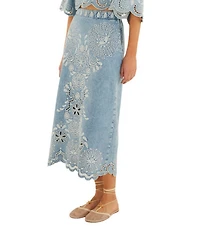 Farm Rio Richelieux Embroidered Scallop Hem Coordinating Denim Midi Skirt