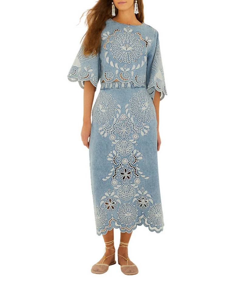 Farm Rio Richelieux Embroidered Scallop Hem Coordinating Denim Midi Skirt