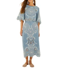 Farm Rio Richelieux Embroidered Scallop Hem Coordinating Denim Midi Skirt