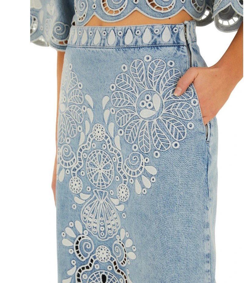 Farm Rio Richelieux Embroidered Scallop Hem Coordinating Denim Midi Skirt