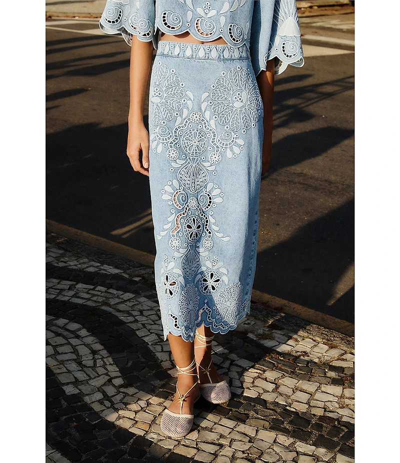 Farm Rio Richelieux Embroidered Scallop Hem Coordinating Denim Midi Skirt
