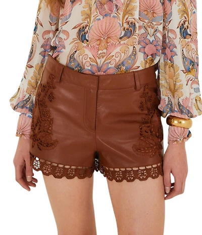 Farm Rio Richilieu Caramel Embroidered Leather Shorts