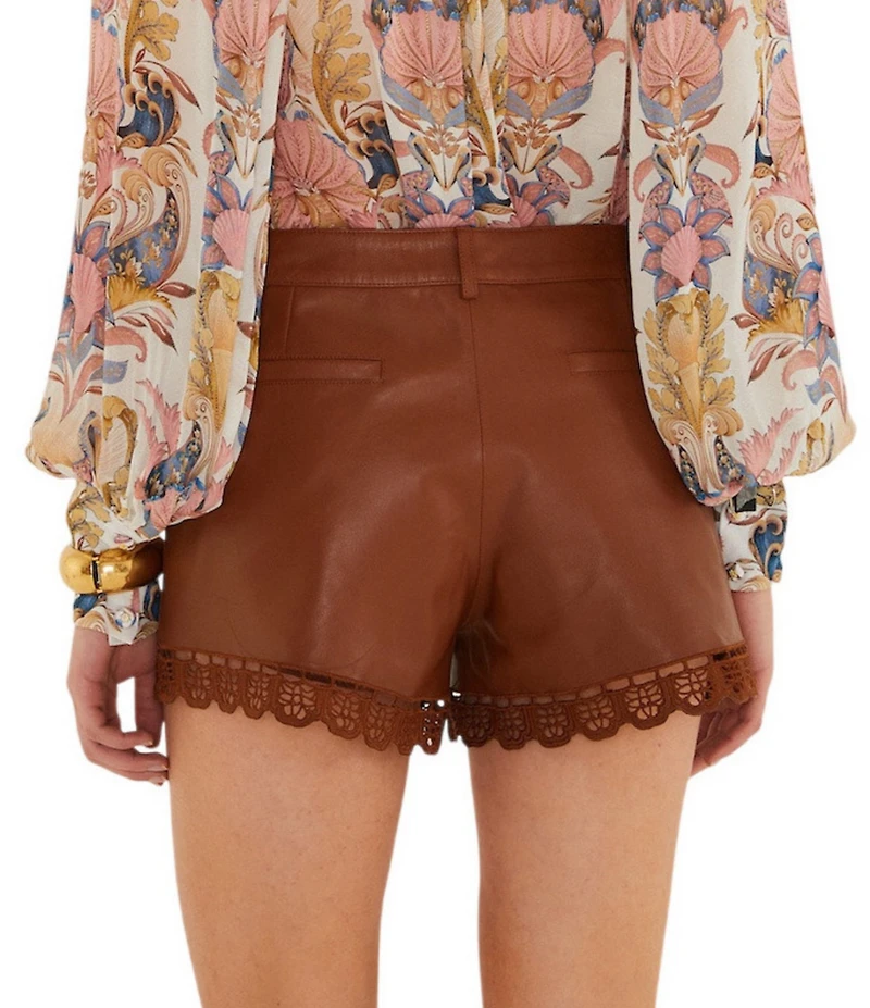 Farm Rio Richilieu Caramel Embroidered Leather Shorts