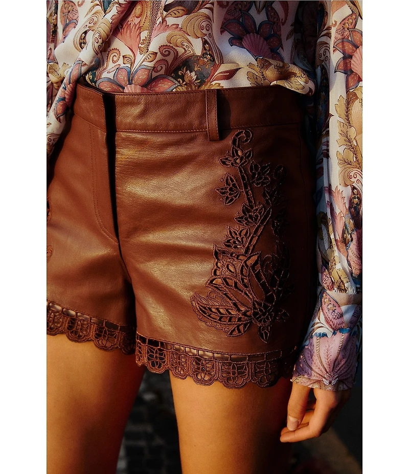 Farm Rio Richilieu Caramel Embroidered Leather Shorts