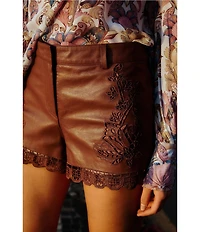 Farm Rio Richilieu Caramel Embroidered Leather Shorts