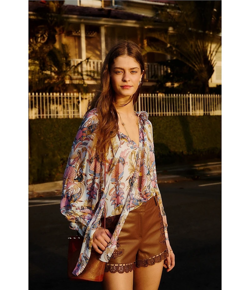 Farm Rio Richilieu Caramel Embroidered Leather Shorts