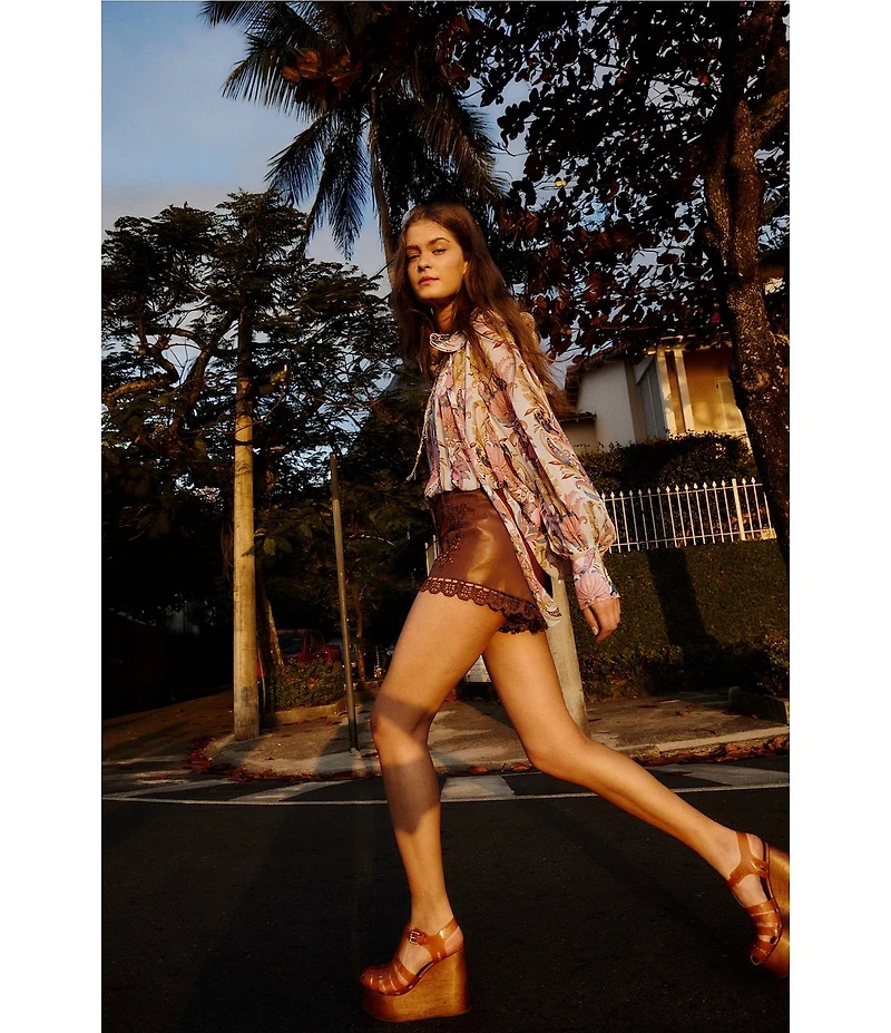 Farm Rio Richilieu Caramel Embroidered Leather Shorts