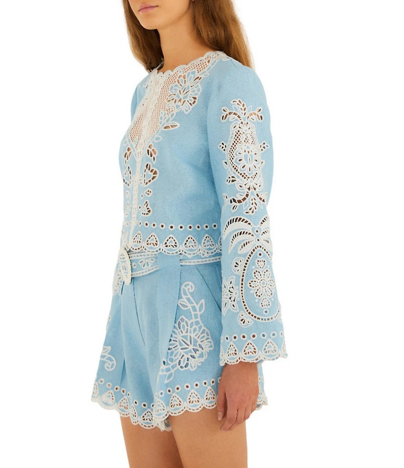 Farm Rio Romantic Richelieu Round Neck Long Sleeve Coordinating Blouse