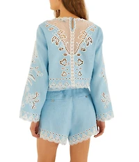 Farm Rio Romantic Richelieu Round Neck Long Sleeve Coordinating Blouse