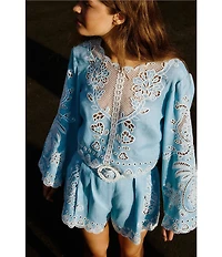 Farm Rio Romantic Richelieu Round Neck Long Sleeve Coordinating Blouse