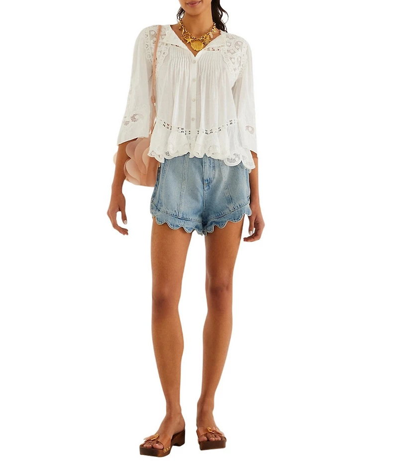 Farm Rio Romantic Ruffle Mid-Rise Scallop Hem Denim Shorts