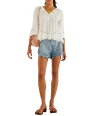 Farm Rio Romantic Ruffle Mid-Rise Scallop Hem Denim Shorts