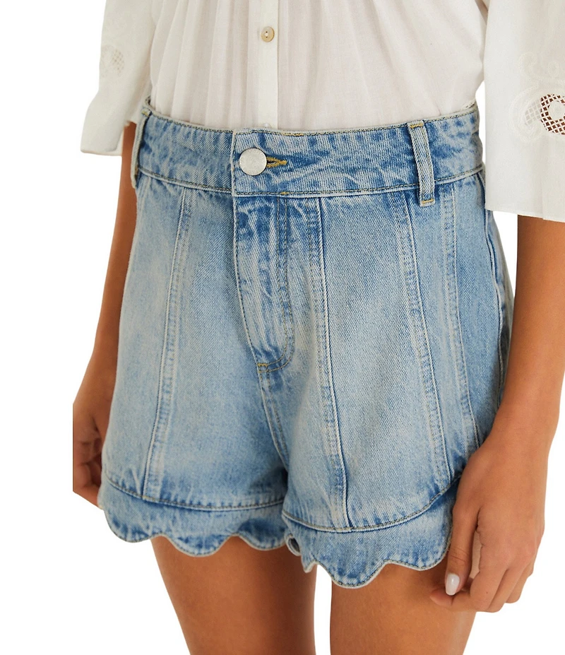 Farm Rio Romantic Ruffle Mid-Rise Scallop Hem Denim Shorts