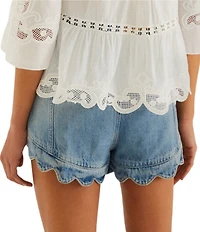 Farm Rio Romantic Ruffle Mid-Rise Scallop Hem Denim Shorts