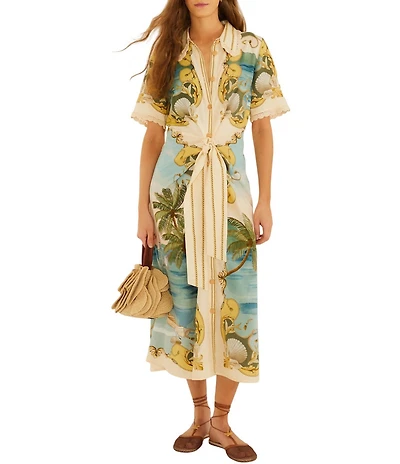 Farm Rio Royal Sea Multicolor Linen Collared Neckline Short Sleeve Button Front Tie-Front Midi Dress