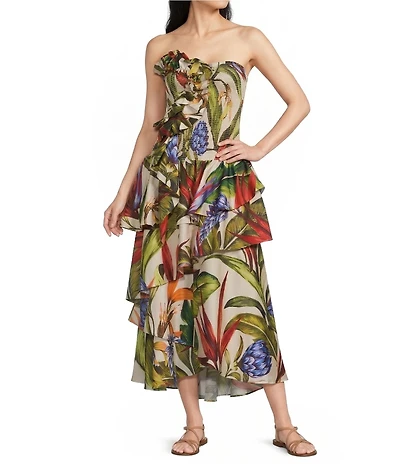 FARM Rio Sand Florart Strapless Tiered Maxi Dress