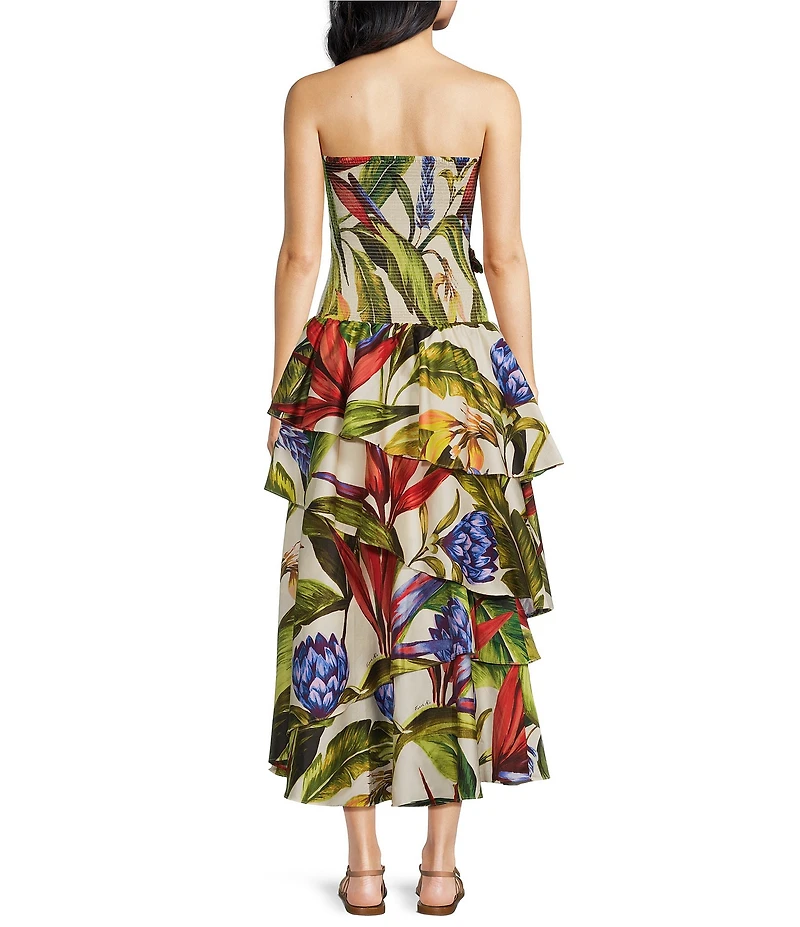 FARM Rio Sand Florart Strapless Tiered Maxi Dress