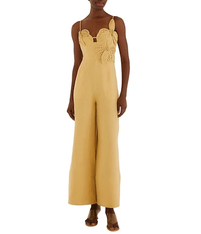 Farm Rio Sand Floral Applique Linen V-Neck Sleeveless Jumpsuit