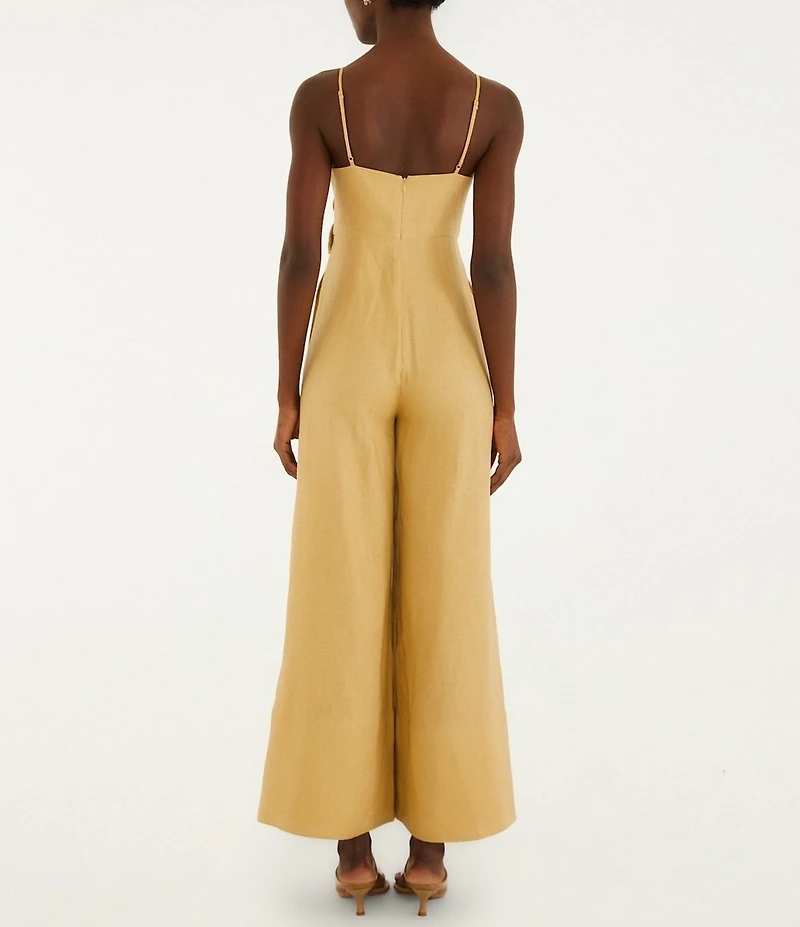 Farm Rio Sand Floral Applique Linen V-Neck Sleeveless Jumpsuit