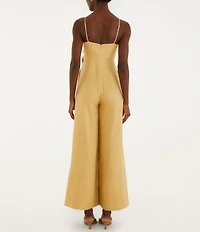 Farm Rio Sand Floral Applique Linen V-Neck Sleeveless Jumpsuit