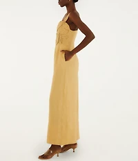 Farm Rio Sand Floral Applique Linen V-Neck Sleeveless Jumpsuit