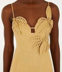 Farm Rio Sand Floral Applique Linen V-Neck Sleeveless Jumpsuit