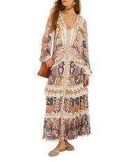 Farm Rio Sea Garden Off-White Braided Border Floral Print V-Neck Long Sleeve Tiered Maxi Dress