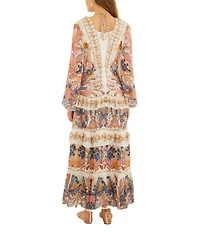 Farm Rio Sea Garden Off-White Braided Border Floral Print V-Neck Long Sleeve Tiered Maxi Dress
