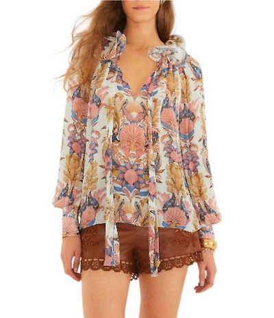 Farm Rio Sea Garden V-Neck Long Sleeve Blouse