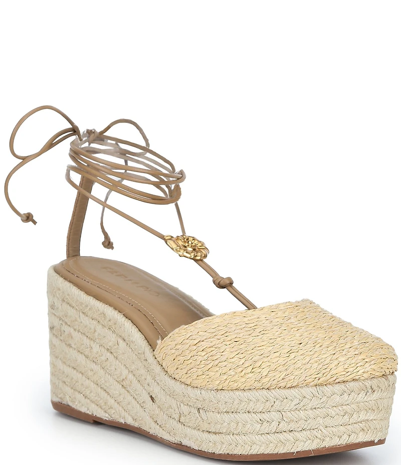 Farm Rio Sea Lace Up Ankle Wrap Raffia Ornamented Platform Wedge Espadrilles