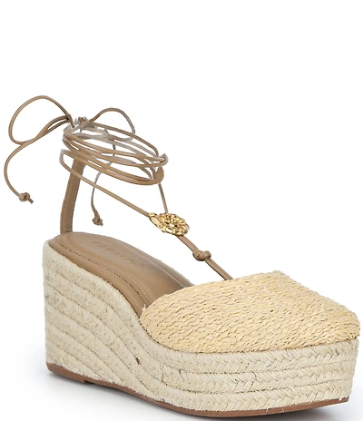 Farm Rio Sea Lace Up Ankle Wrap Raffia Ornamented Platform Wedge Espadrilles