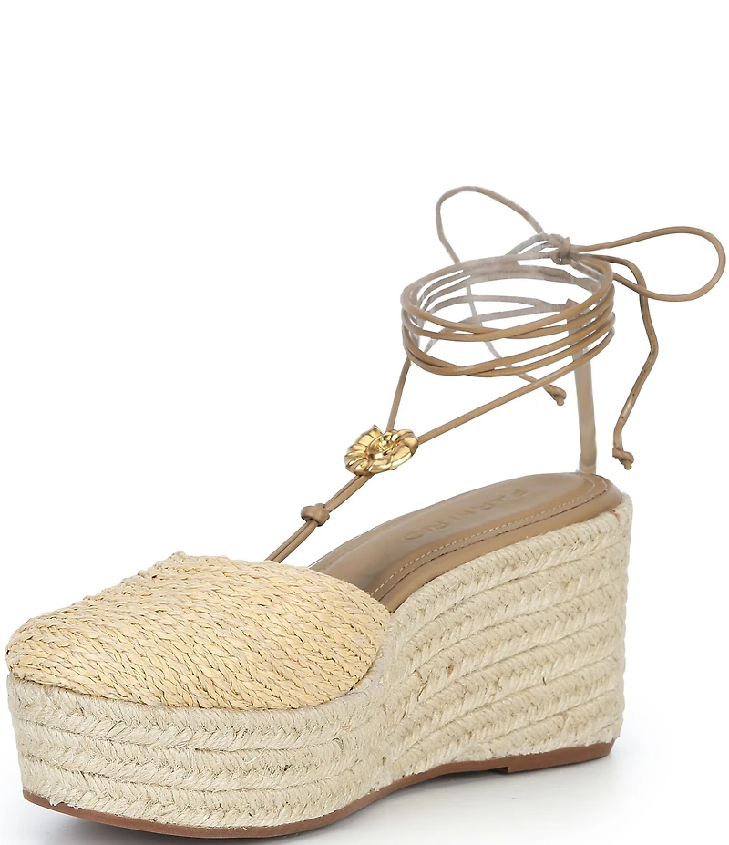 Farm Rio Sea Lace Up Ankle Wrap Raffia Ornamented Platform Wedge Espadrilles