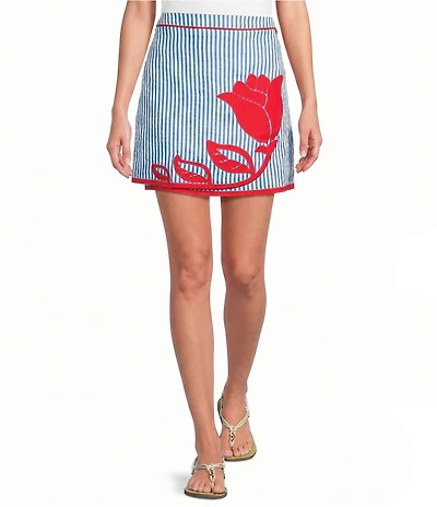 FARM Rio Sky Stripes Floral Blue Coordinating Mini Skirt