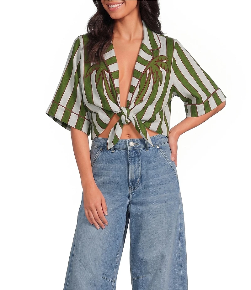 Farm Rio Spring Stripes Palm Placement Print V-Neck Short Sleeve Tie Front Linen Crop Top