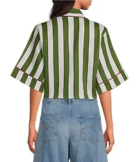 Farm Rio Spring Stripes Palm Placement Print V-Neck Short Sleeve Tie Front Linen Crop Top