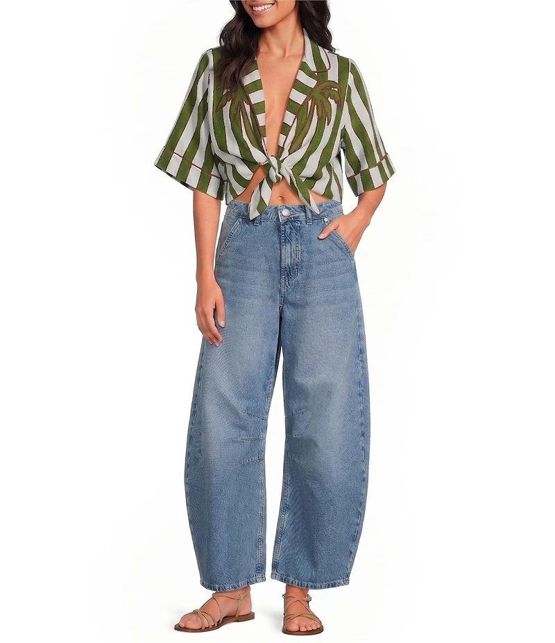 Farm Rio Spring Stripes Palm Placement Print V-Neck Short Sleeve Tie Front Linen Crop Top