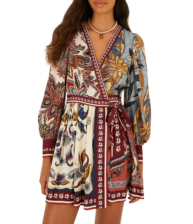 Farm Rio Stained Glass Beauty Mixed Scarf Printed V-Neck Long Sleeve Wrap Mini Dress